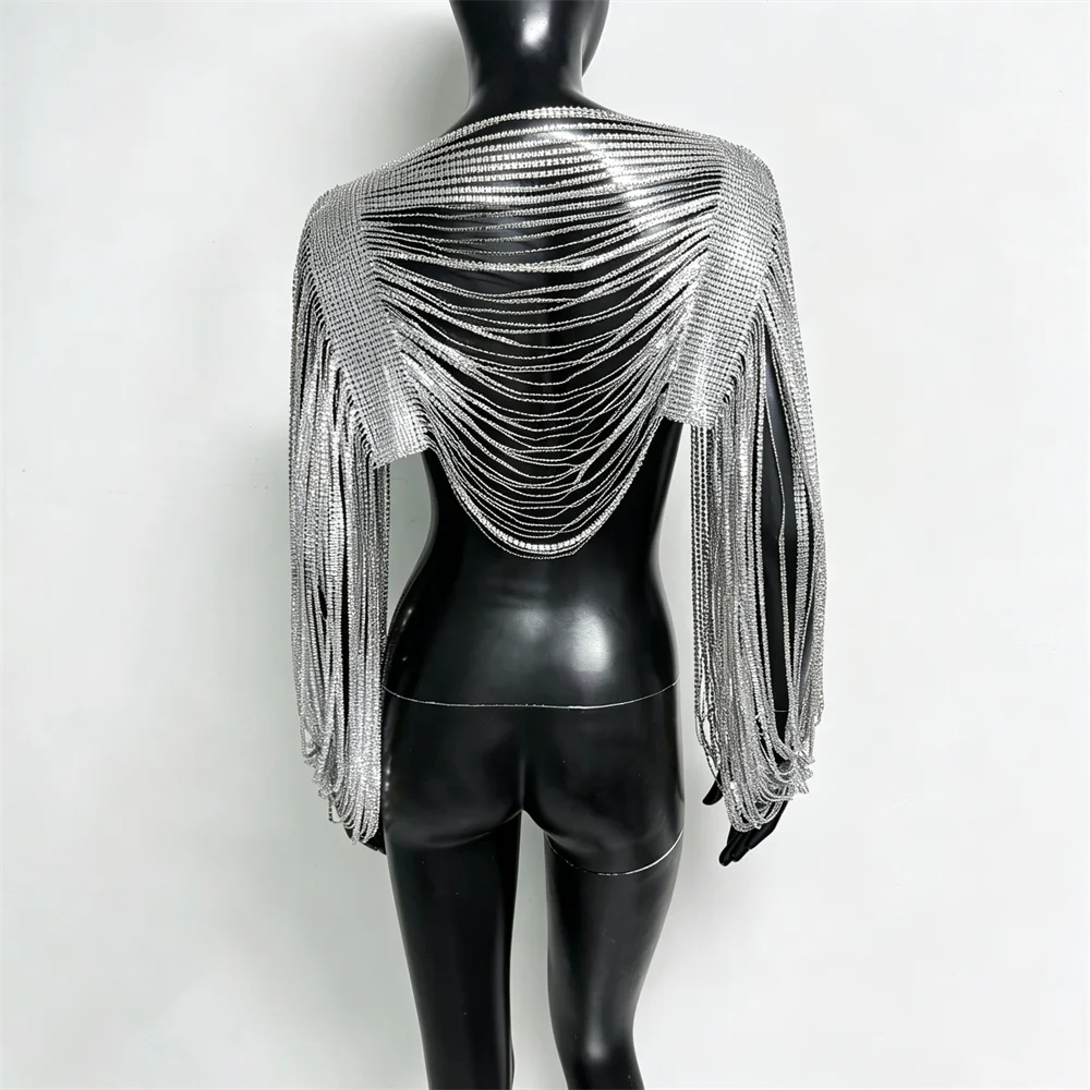 Fashion Women Sequins Tassel T Shirt Sexy See Through Hollow Out Backless Long Sleeve Crop Tops Rave Festival Party Tee Cover Up