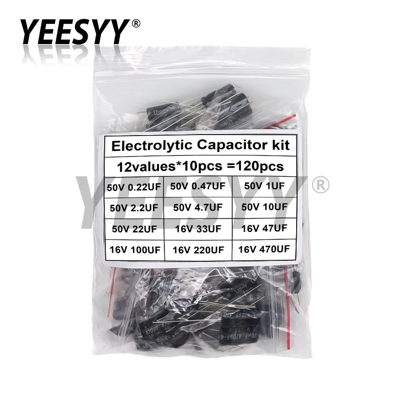 120pcs 0.22UF - 470UF 12Values*10pcs Aluminum Electrolytic Capacitor Assortment Kit Capacitance Pack 0.47UF 10UF 100UF 16V 50V