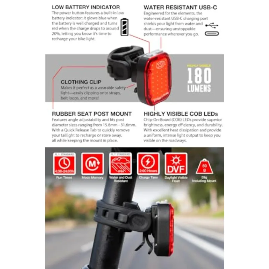 Lumina Micro 950 feu avant de vélo et Vmax + 180 feu arrière de vélo Combo Pack USB Rechargeable résistant à l'eau LED lumières de vélo