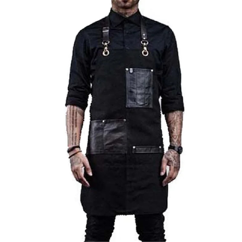 Custom Logo Black Canvas Multi-functional Tool PU Leather Pocket Hairdresser Woodworking Overalls Kitchen Chef Waterproof Apron