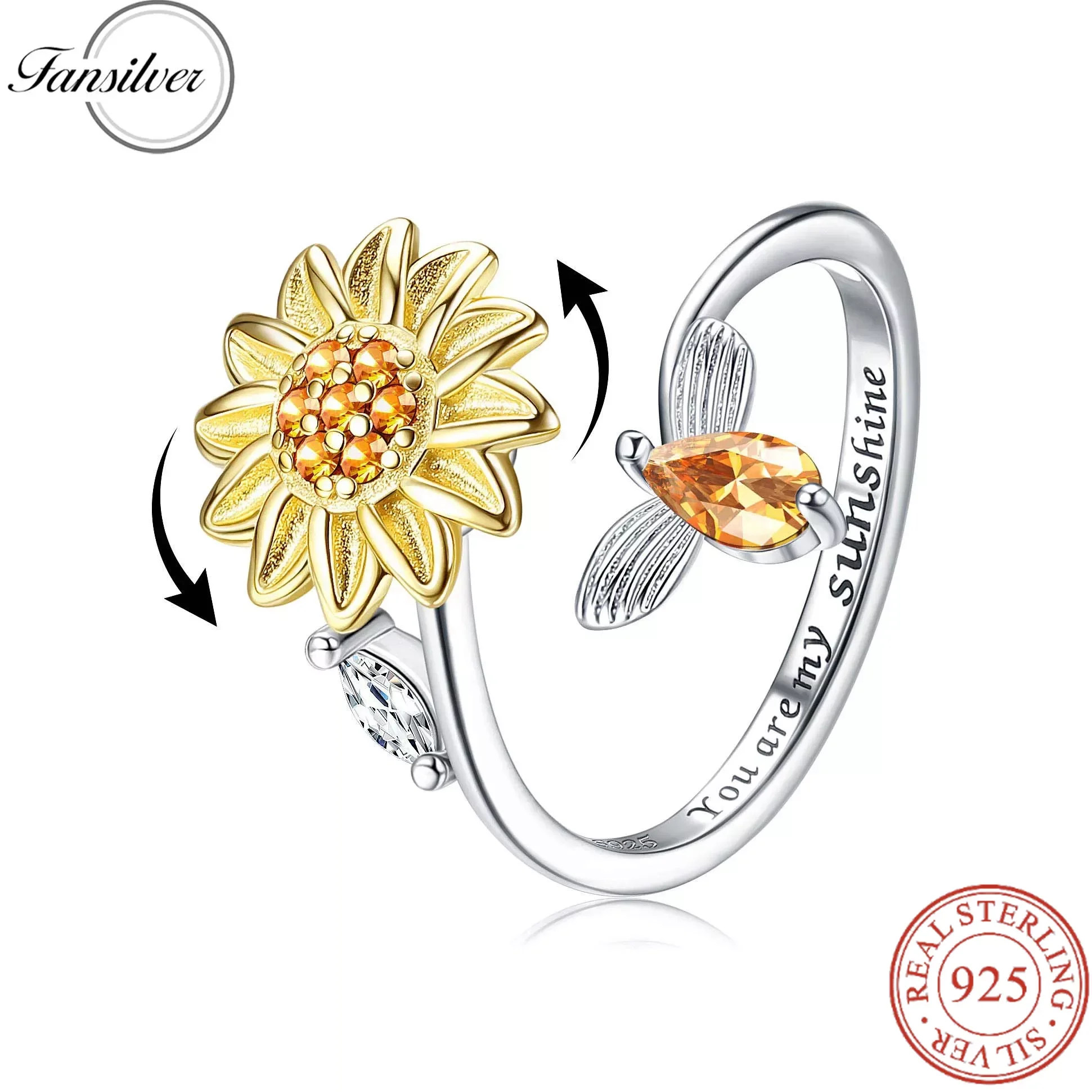 Fansilver S925 Sterling Silver Fidget Rings for Women Adjustable Open Ring Cubic Zirconia Sunflower Ring for Valentine\'s Day