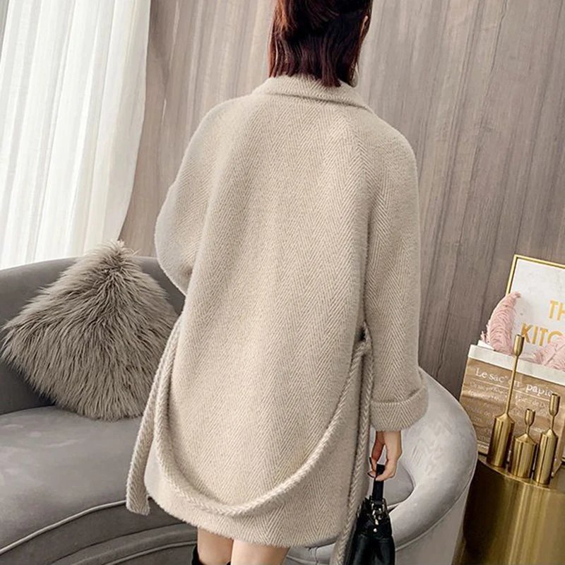 Autumn Winter New Thicken Imitation Mink Velvet Woolen Jacket 2024 Women Fashion Hepburn Style Wool Blend Coat Elegant Outwear