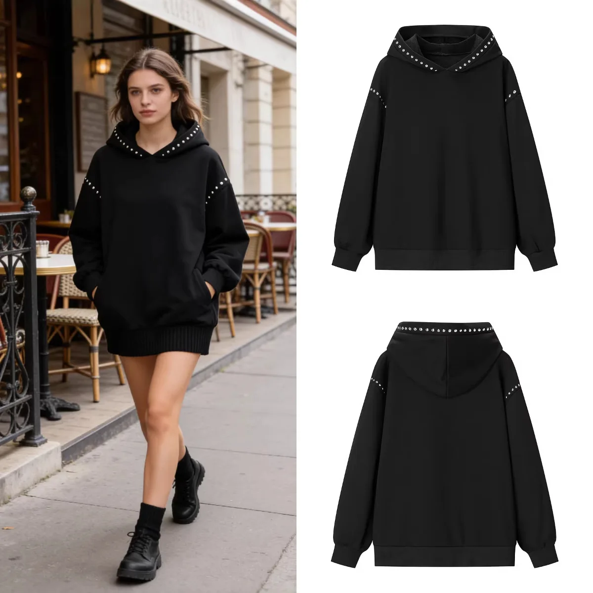 

Women's Casual Loose Top Spring Fashion White Stripe Simple Studded Hoodie Coat Solid Color Warm Long-Sleeve Pockets Outwear