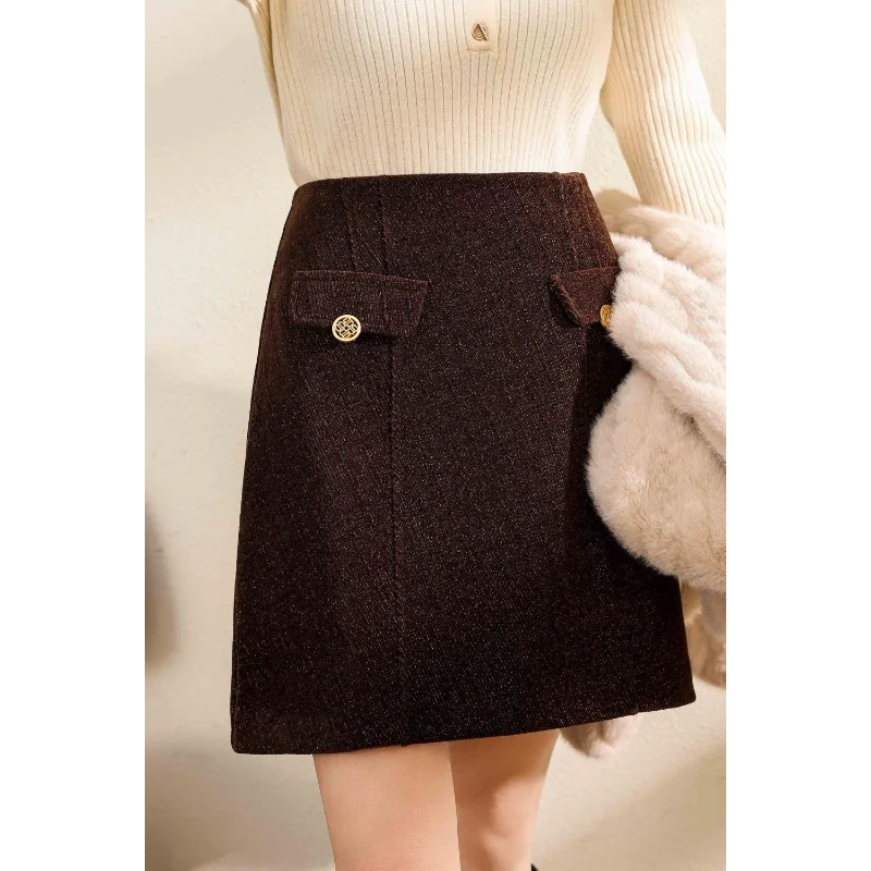 

Women's 2025 Autumn and Winter New Stitched Button Fashion Solid Color Versatile Casual High Waist A-Line Skirt