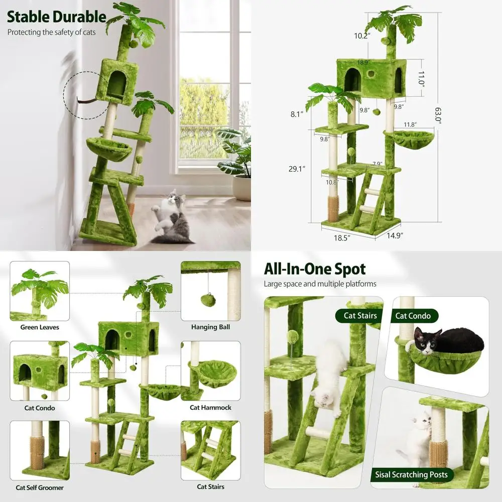 

Домашнее кошачье дерево с листьями, зеленой башней, когтеточка, гамак, окунь, качели, грумер и лестница