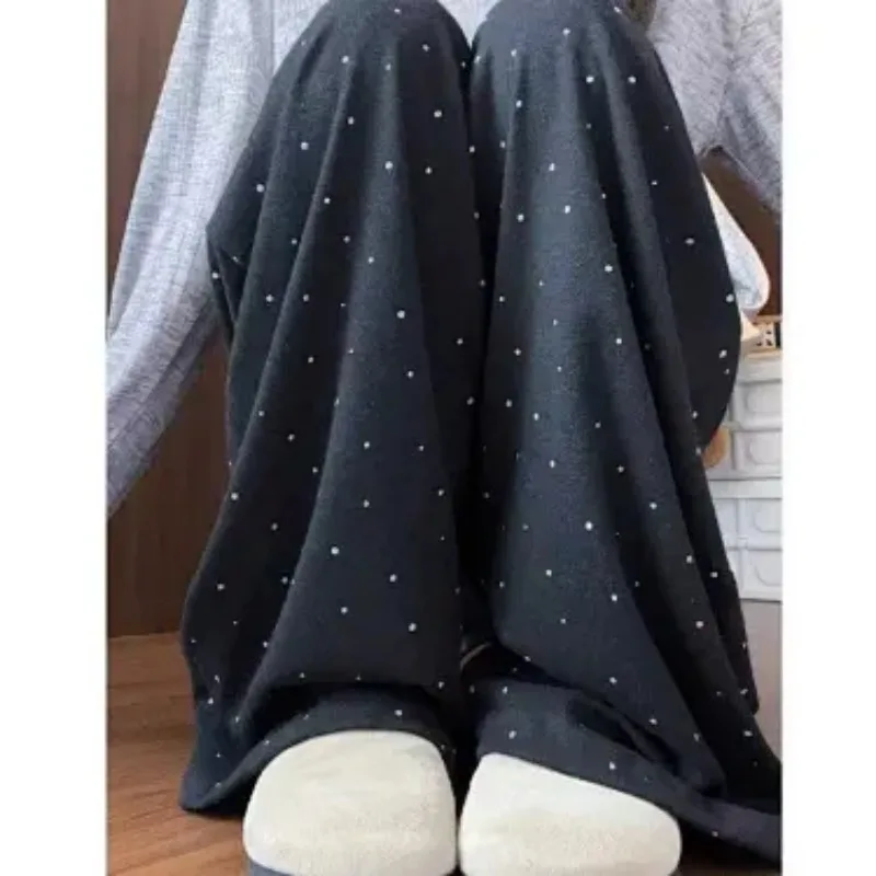 Women Polka Dot Wide Leg Pants Fleece Lined Elastic Waist Loose Casual Soft Draped Trousers