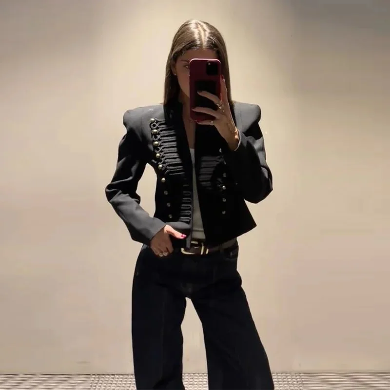 Women's Short Blazer Jacket 2026 European Style Rope Embellishment Gold Buttons Epaulettes Women's Parka Jacket