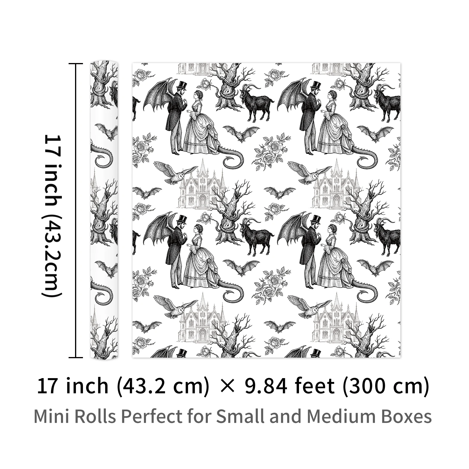 1 Roll of White Background Vintage Line Drawing Victorian Vampire Castle Pattern Gift Wrapping Paper, Halloween Themed Party Holiday Gift Box Wrapping Paper, Suitable for Halloween Themed Parties, Birthdays, Holiday Ce