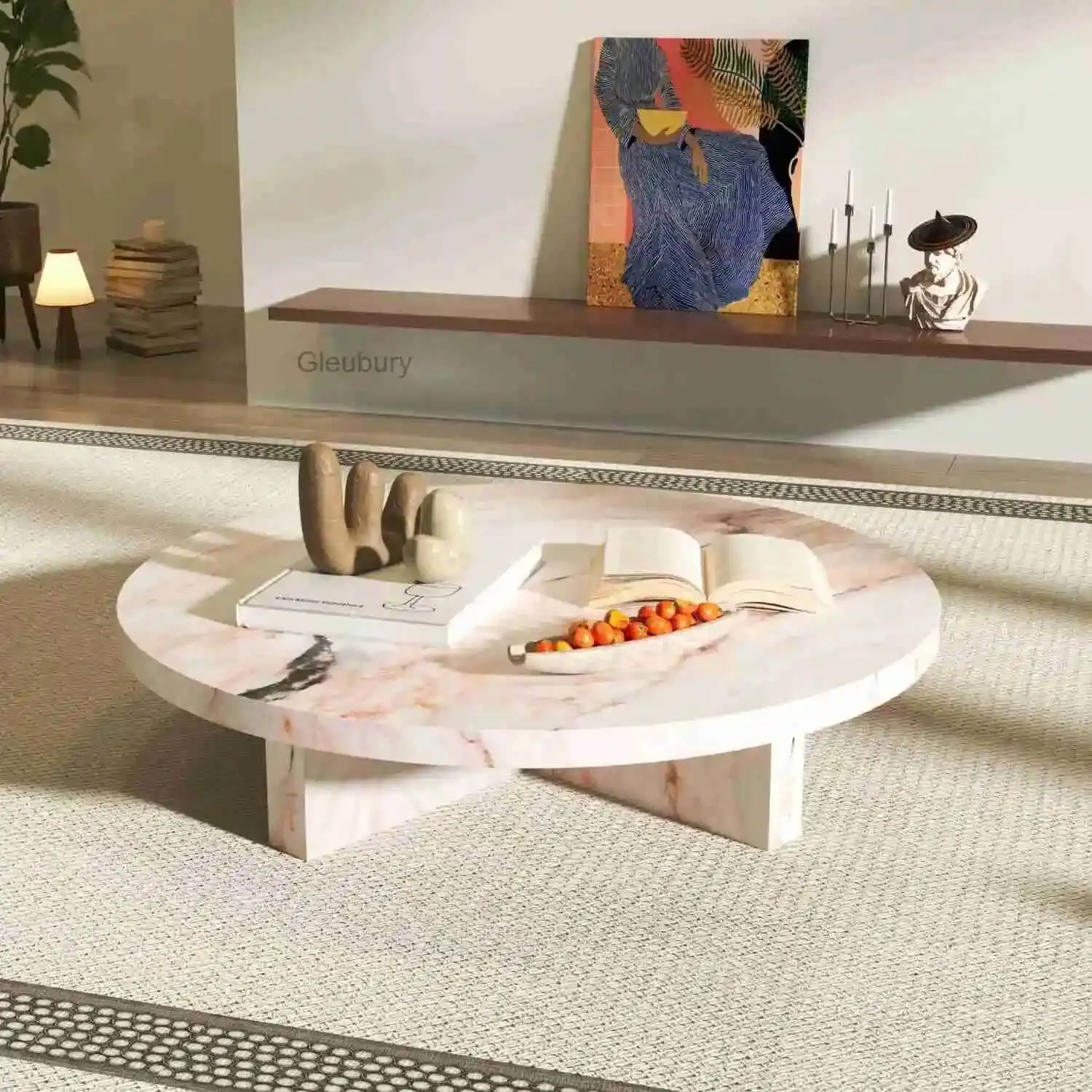 

"Pink Jade Round Coffee Table - Luxury Marble Slate Side Table for Spacious Living Room, High-End Stone Tea Table"