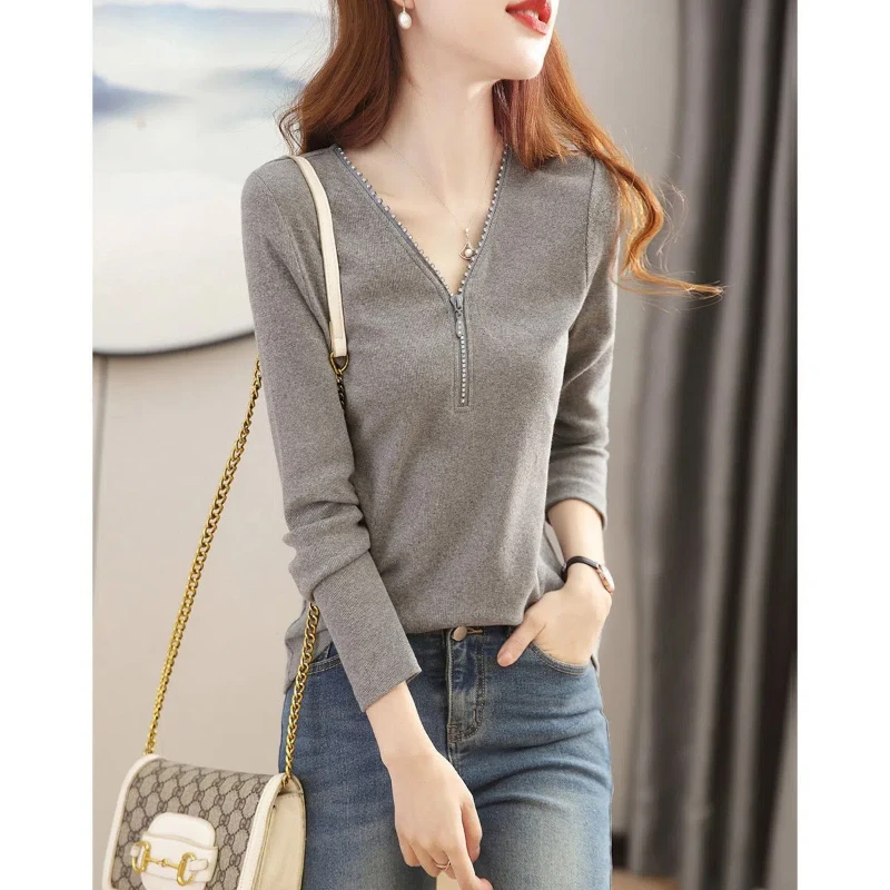 Spring Autumn Fashion V-neck Long Sleeve Solid Color Women\'s Clothing Zipper Trend Pullovers Simplicity All-match Knitting Tops