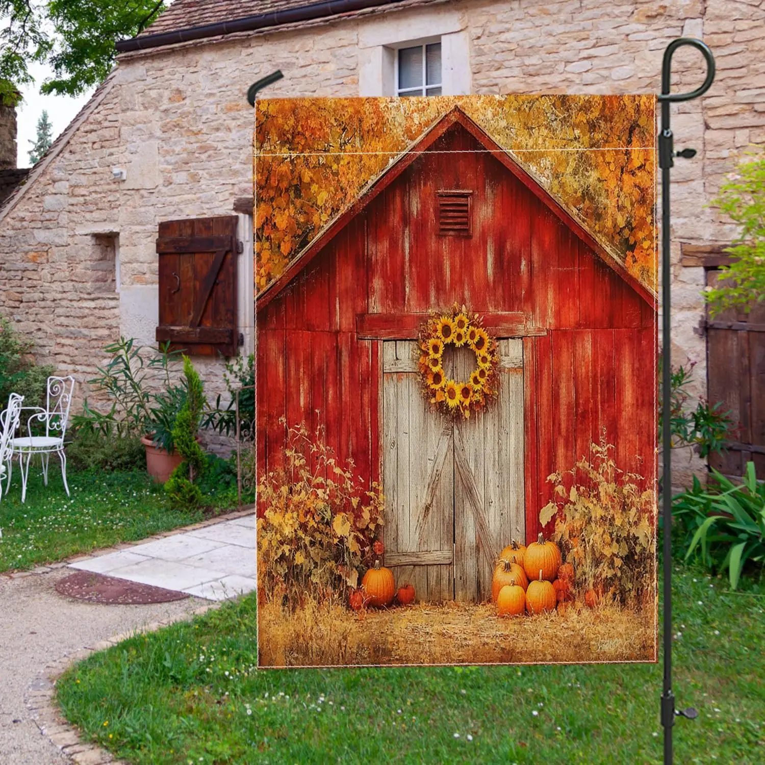 Farmhouse Rustic Fall Barn Garden Flags 12”x18” Double Sided for Outside Decoration, Autumn Sunflower Pumpkin FrontYard Canv yyi