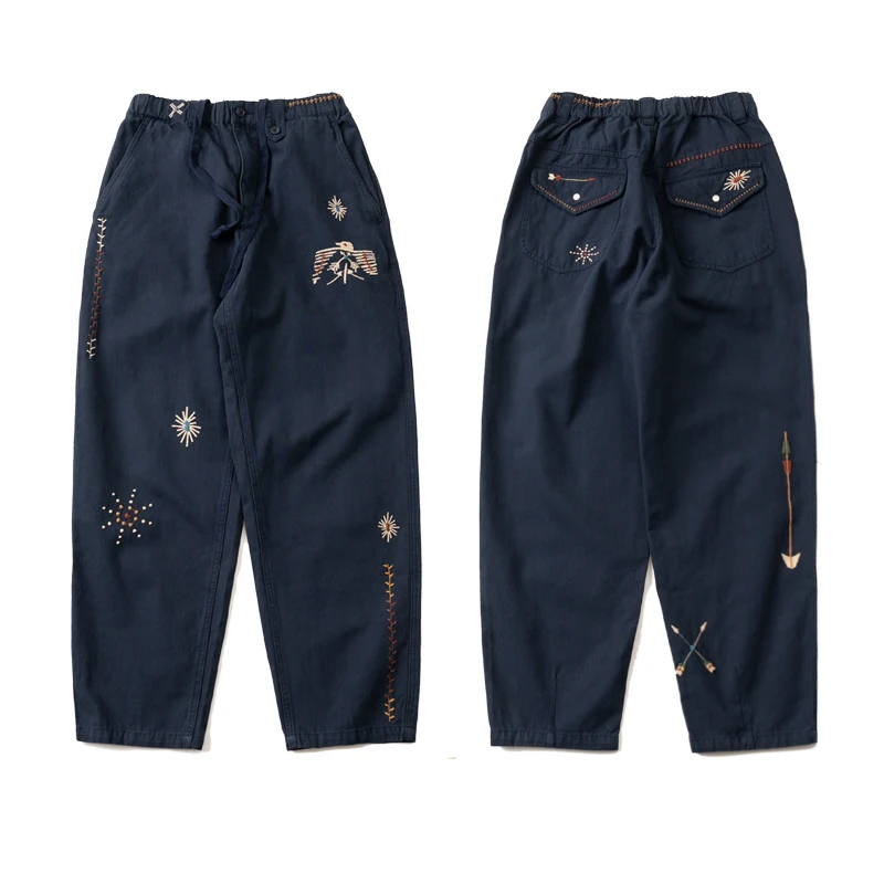 

Japanese Style Khaki Personalized Retro Elements Thunderbird Embroidery Navy Blue Elastic Waist Loose Casual Pants for Men's