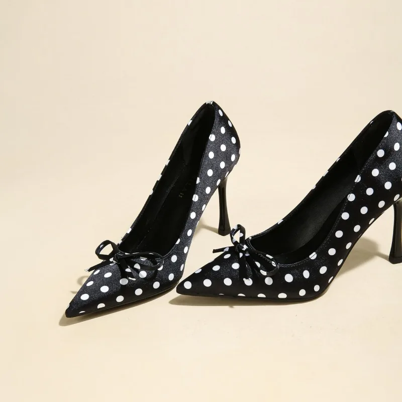 2026Women New Pointed Toe Single Shoes  Silk Upper Polka Dot Comforty Shallow Thin High Heels Plus Size Fashion Female Pumps