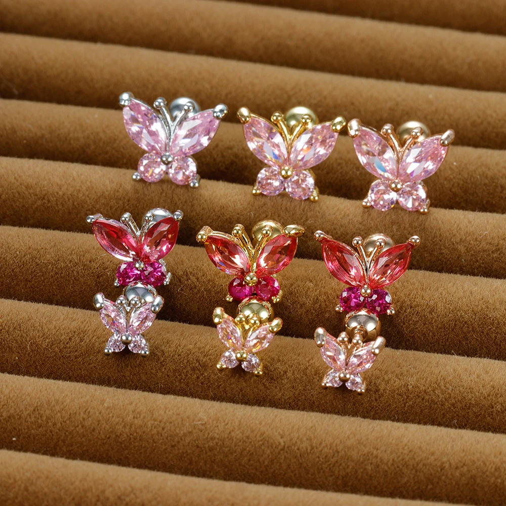 1PC Stainless Steel Tragus Helix Butterfly Piercing Earrings for Women Trendy Cute Pink Zircon Stud Earring Piercing Jewelry