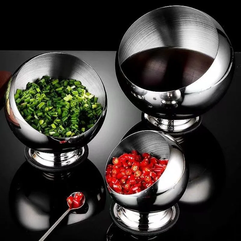 Stainless Steel Slanted Mouth Spherical Salad Bowl, Tableware, Hot Pot Buffet Sauce Bowl, Seasoning Jar, Storage Container