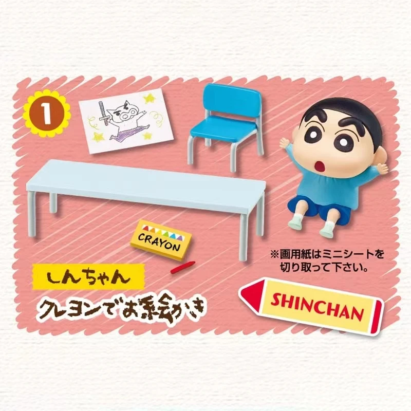 REMENT Capsule Toys Benvenuti alla scuola materna Shin-chan's con compagni di classe Tavolo da disegno con diapositive Sabbia Scena in miniatura Scatola cieca
