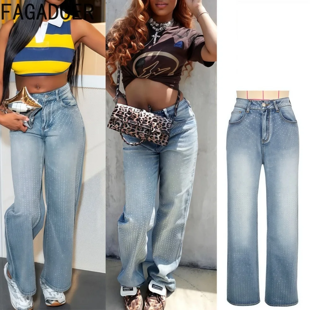 

FAGADOER Y2K Fashion Rhinestone Patchwork Bodycon Denim Pants Woman High Waist Straight Jeans Trousers Female Streetwear Bottoms