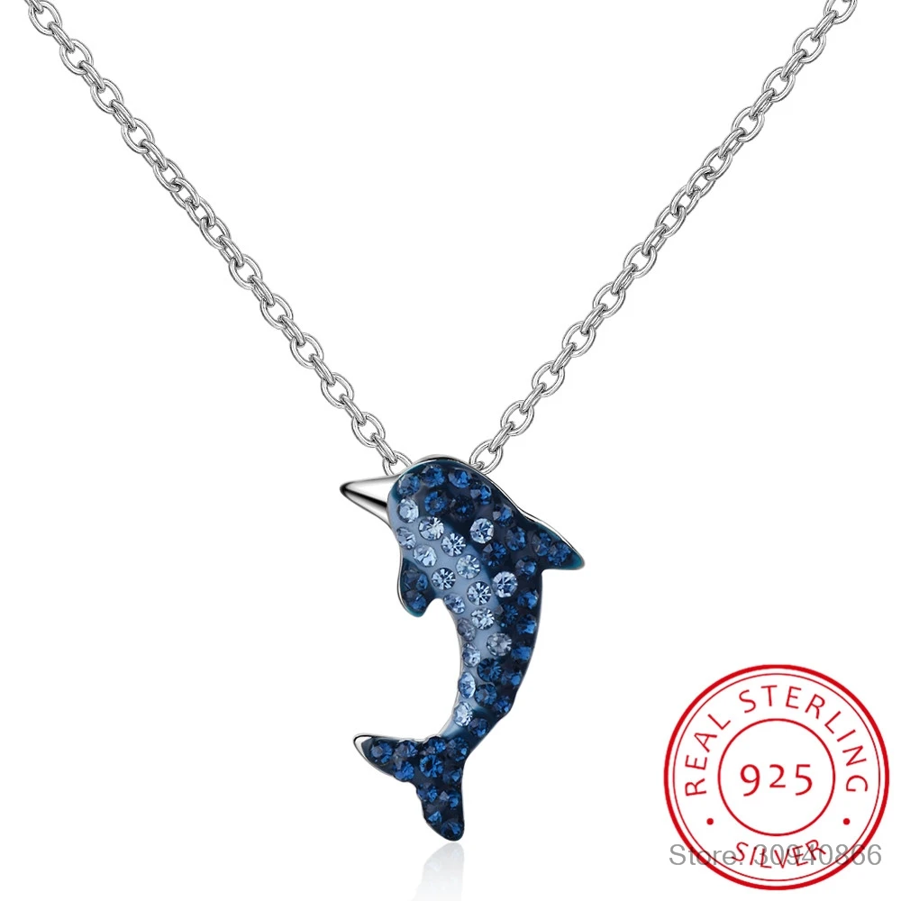 925 Sterling Silver Jewelry Blue Diamond Dolphin Box Chain Pendants&Necklaces for Women Solid Sterling-silver Choker Necklace