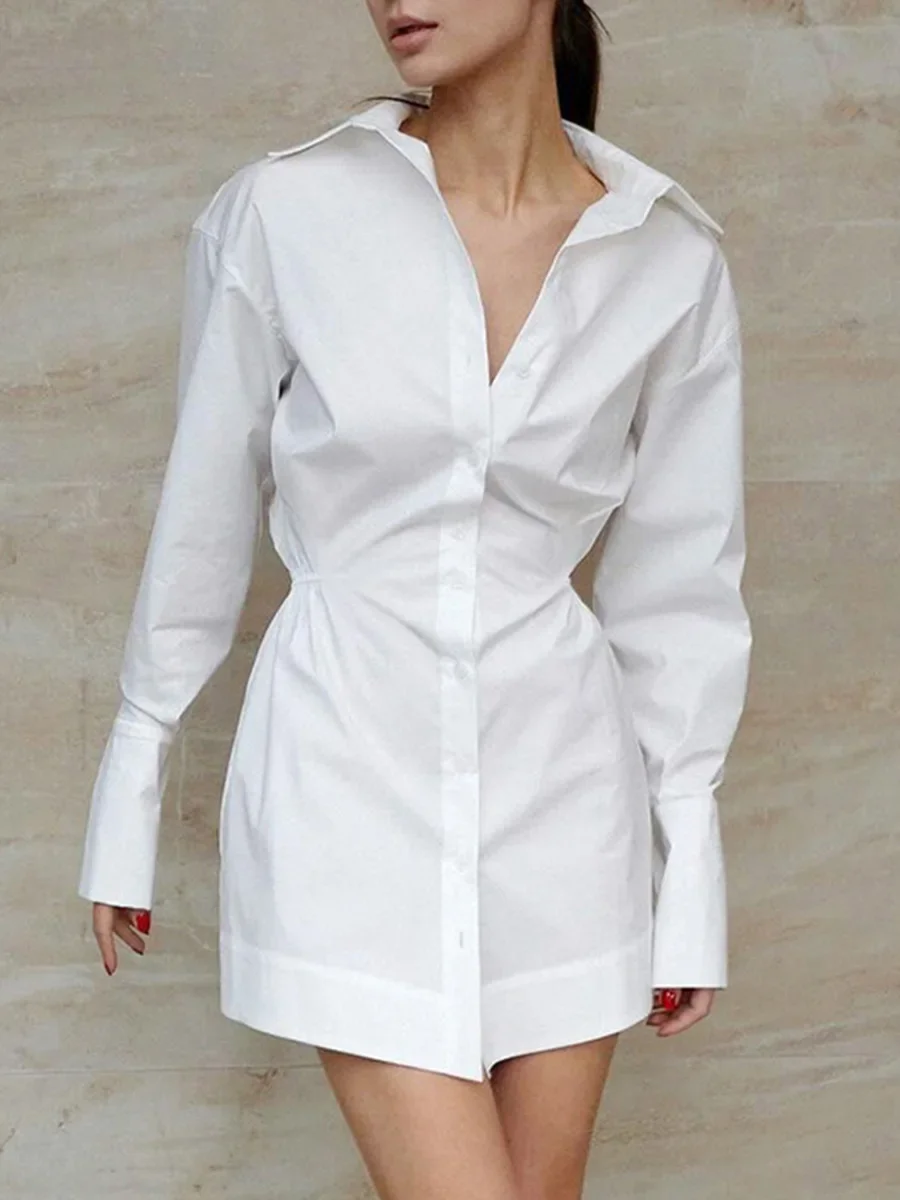 

New Pure Cotton White Shirt Dresses Women Lapel Single Breasted Mini Dress Spring Female Street High Waist A Line Short Dress
