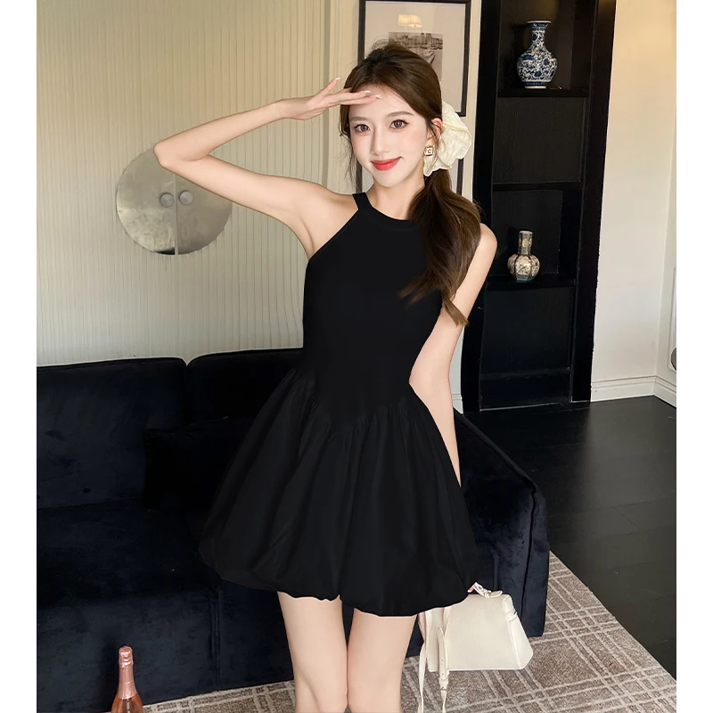 Elegante Backless Pieghettato Puff Hem Mini Vestito Delle Donne Chic Solido A Vita Alta Lace Up Abiti New Lady Vacation Street Abiti 2025