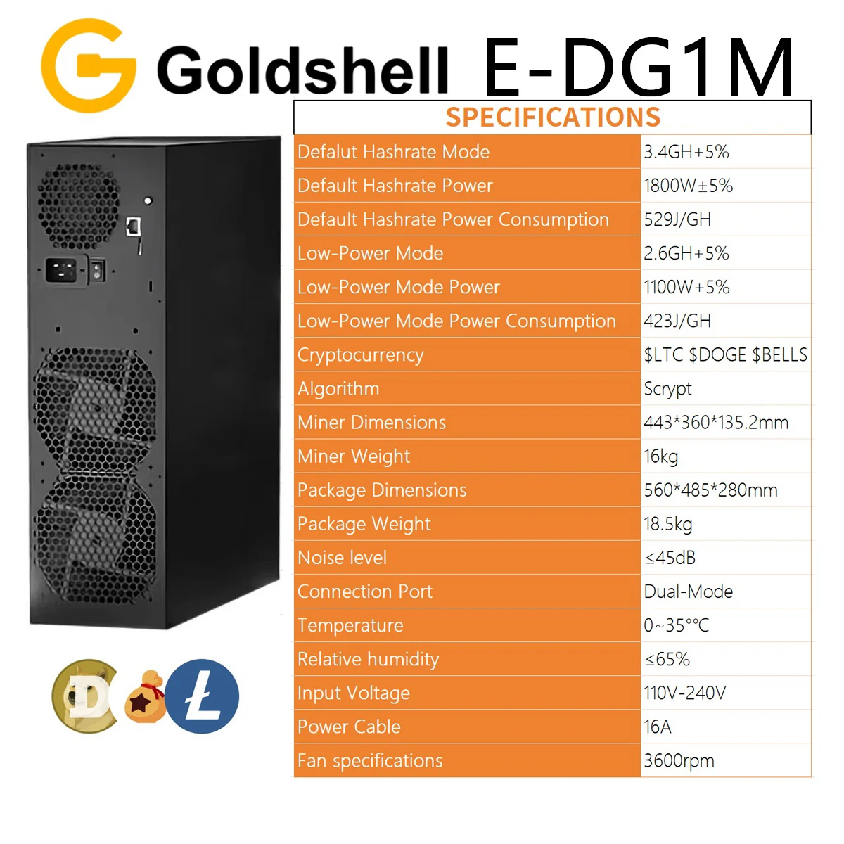 New Goldshell E-DG1M 3400Mh/s 1800W Scrypt algorithm Dogecoin Miner Machine LTC BEL DOGE Miner LTC Miner Goldshell EDG1M Doge