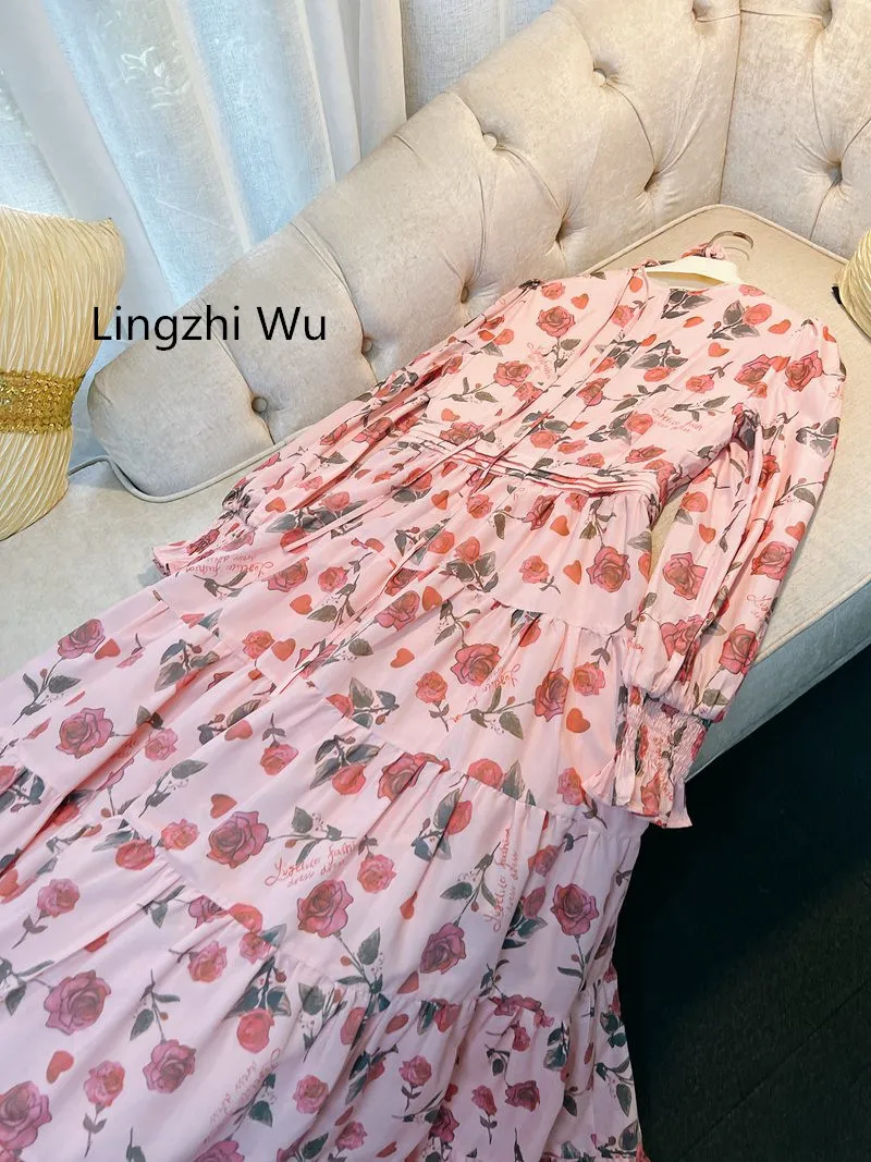 Lingzhi Wu Print Long Dress for Ladies, French Vintage, Gentle Pink Rose Flower Print, Elegant Slim Dress, Top Quality, Autumn