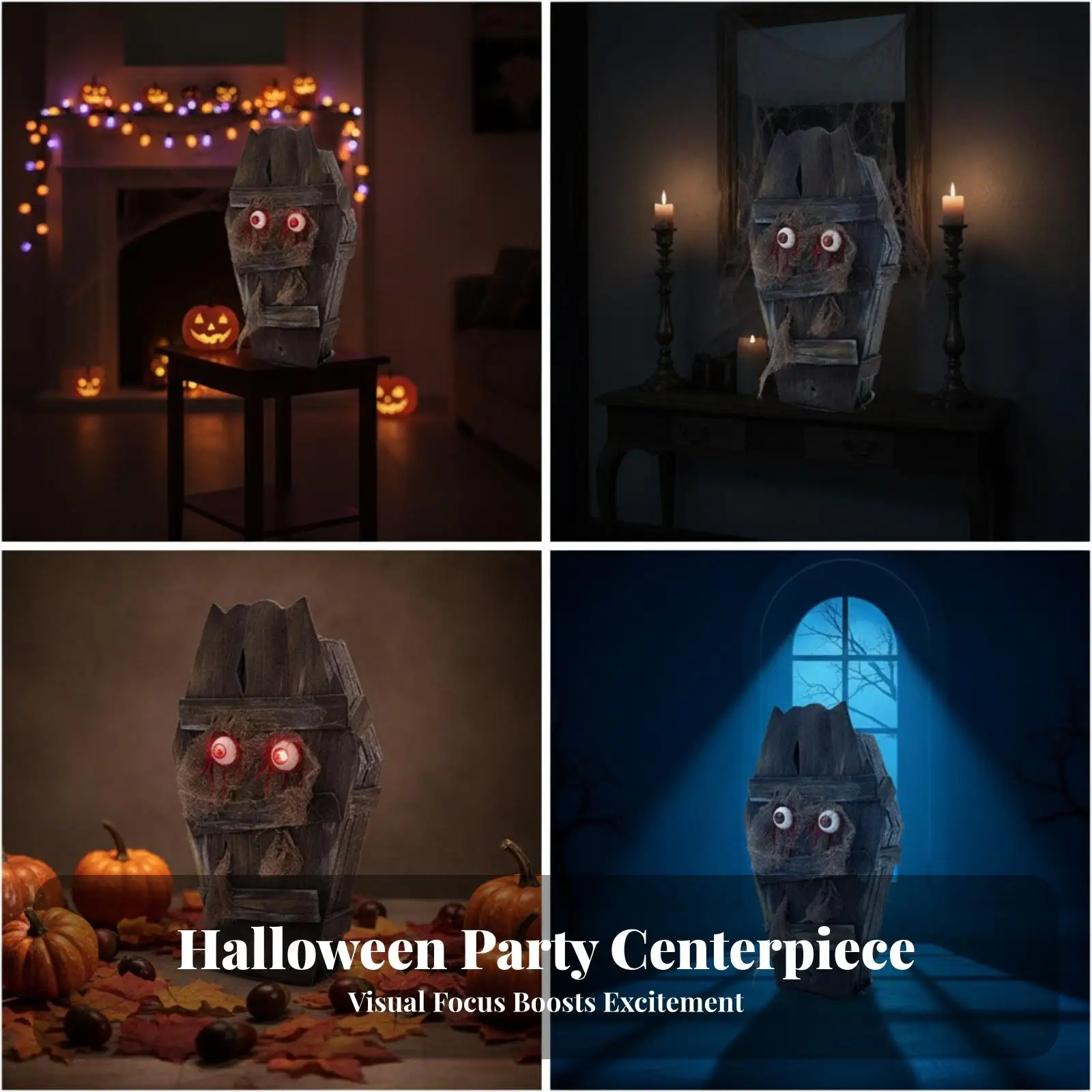 Walking Casket Monster Illuminated Eyes Haunted Ornament Wood-Grain Look