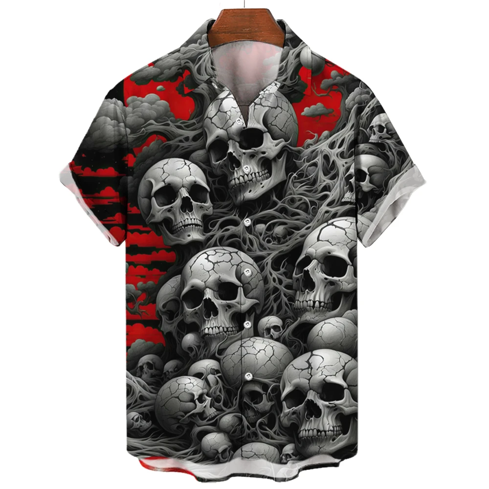 New Vintage Skull Men's Shirts Lapel Streetwear Shirt For Men Street Hip Hop Short Sleeve Top Party Summer Hawaiian