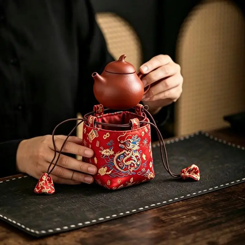 Brocade Tea Storage Bag Portable Travel Pouch For Teapot Master Cup Kung Fu Tea Home Tabletop Decor Craft Gift Tea Accessory