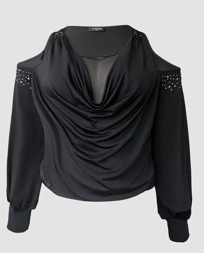 

Women's Top Autumn 2025 Plus Size Rhinestone Decor Cowl Neck Lantern Sleeve Blouse Casual Cold Shoulder Top with Mesh Lining