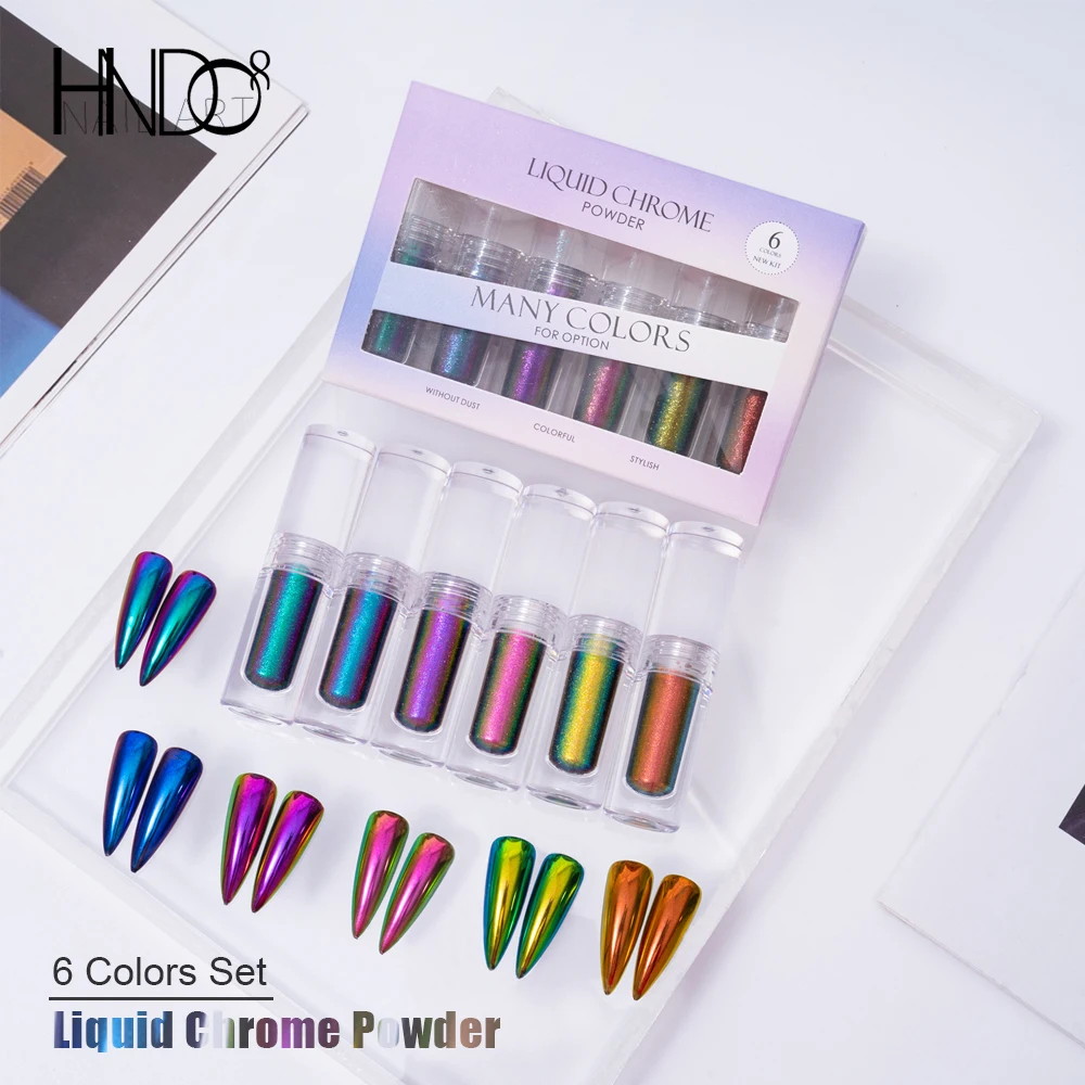 HNDO-Poudre de chrome liquide pour les ongles, petit tube, ensemble de 6 documents, Aurora, caméléon, paillettes pour nail art professionnel, décoration, pigment de manucure