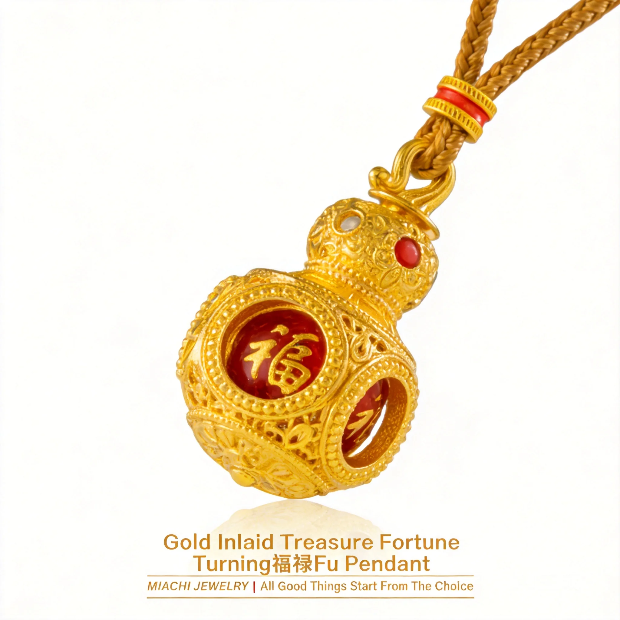 

24k Real Gold Plated Chinese Traditional Rotatable Fu Character Gourd Pendant Necklace Lucky Blessing Wealth Fortune Jewelry For