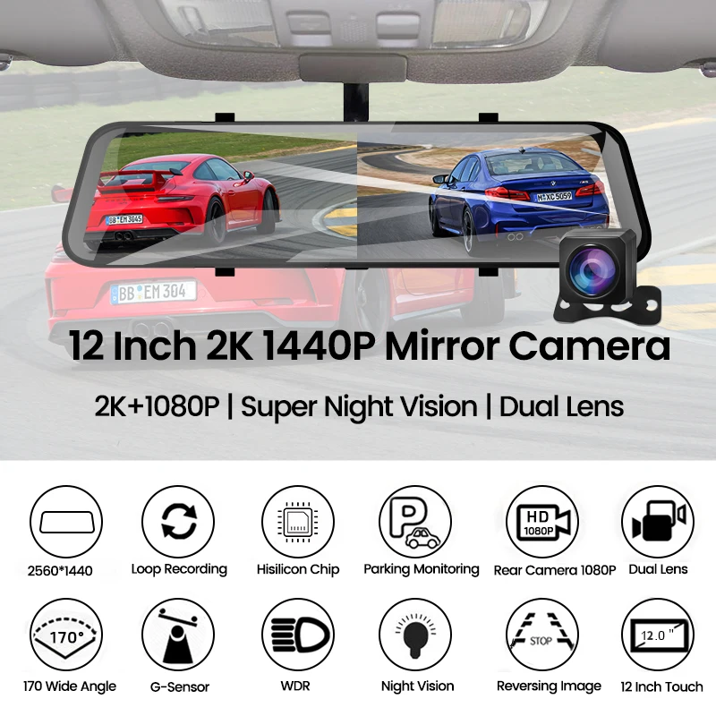 E-ACE A38 2.5K Car DVR 12 Inch Support GPS Dashcam Rearview mirror  dash cam for cars Support GPS car assecories