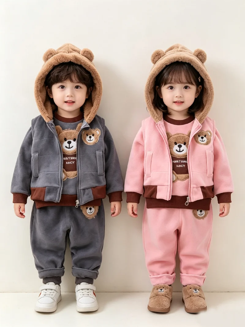 Boys Girls Fleece Clothes Sets Autumn Winter Baby Thick Warm Costume Suits Kids Hoodie+Vest+Pants 3Pcs Outfits 1-4 Years