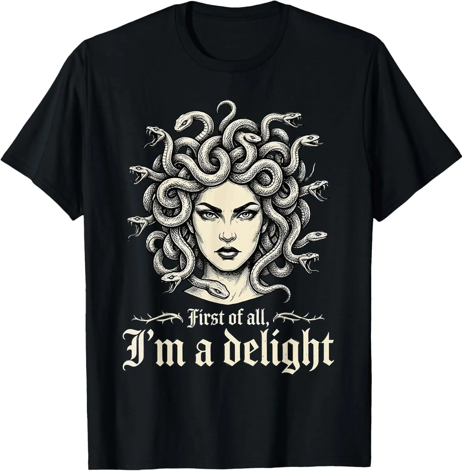 First Of All I'm A Delight Medusa Sarcastic Humor Feminist T-Shirt Unisex Unique Graphic Print T‑Shirt Soft Cotton Casual Crew Neck Short Sleeve Tee For Men Women Daily Fashion Tops.Graphic Tee,Print T Shirt,Crew Neck,Short Sleeve.