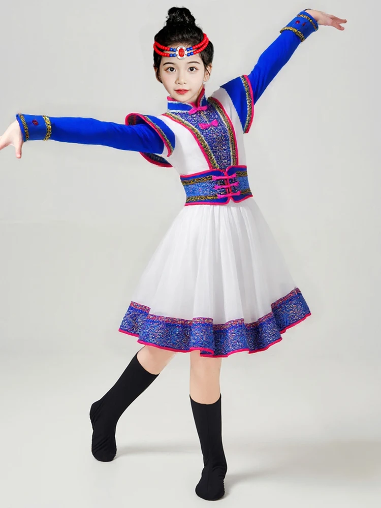 

Mongolian Dance Performance Costume Children's Fem Ethnic Clothing Prairie White Chopstis Dance Mongolian Ensemble