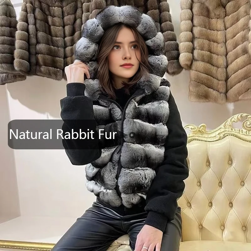 Gilet à capuche en fourrure véritable pour femme, manteau en fourrure de lapin Rex, mode automne et hiver