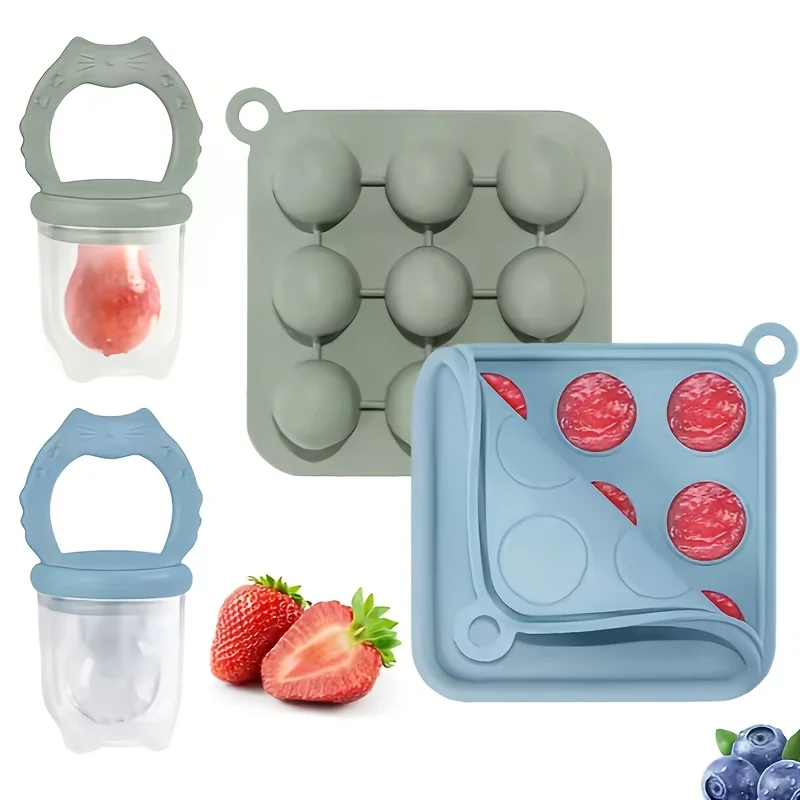 2pcs/set Baby Feeding Set: 1pc Fruit Feeder, 1pc Ice Cube Tray with Lid for Freezer, Breast Milk and Fresh Food Freezer Mold