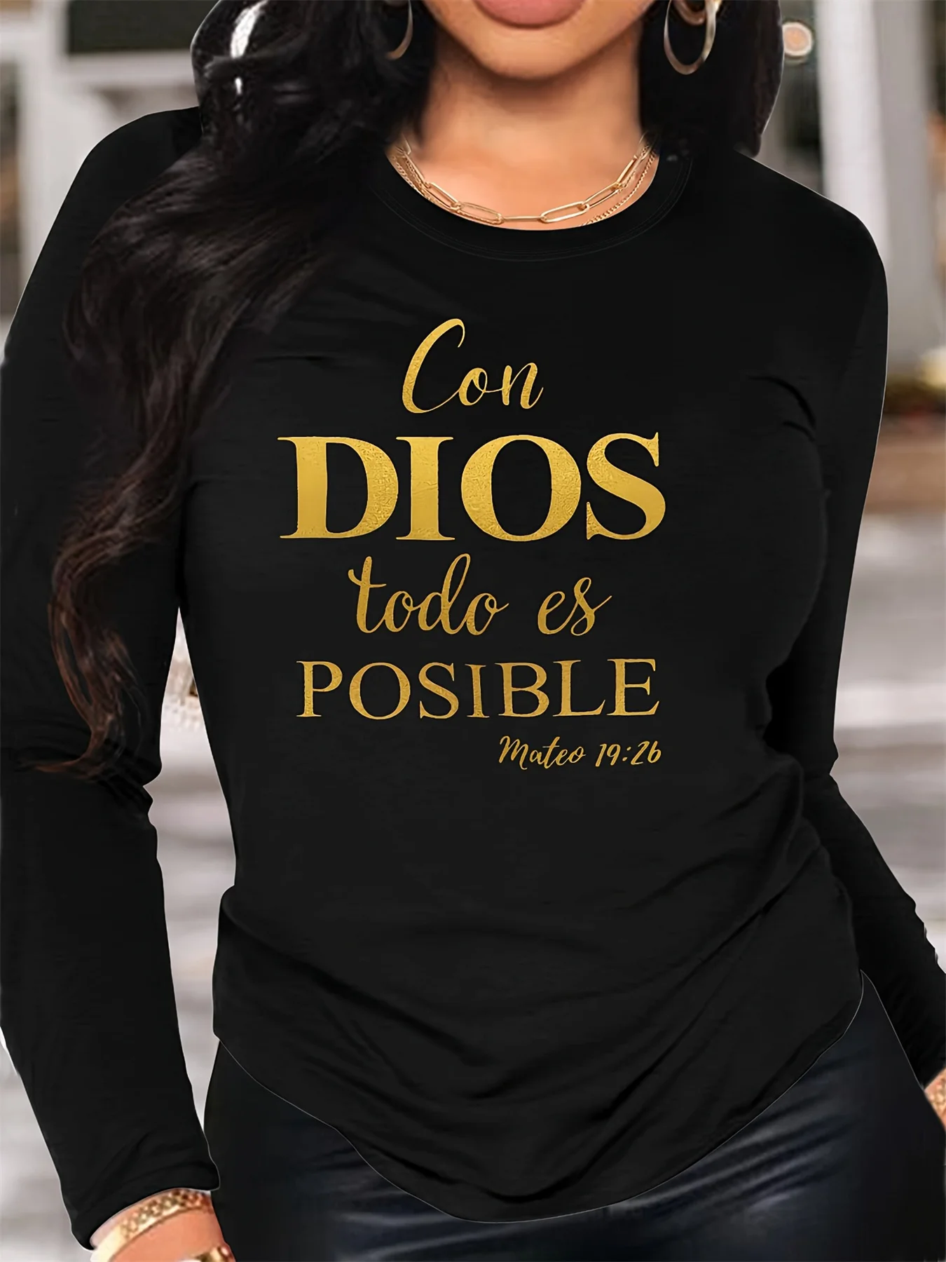 Spring and Autumn Women's 100% Cotton Fashion Casual Loose Inspirational Script Graphic Round Neck Long Sleeve T-shirt Top