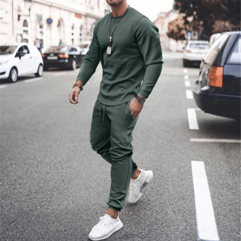 Summer New Trend Long-Sleeved Leisure Sports Suit Two-Piece Men\'s Breathable Sweat-Absorbing Trend Multi-Color Suit