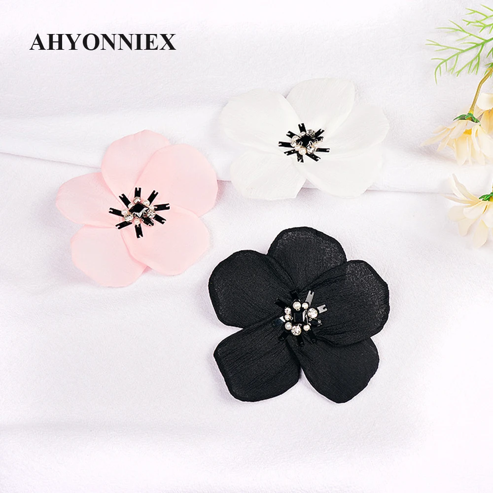 2 Pieces/Lot 10CM Flower with Beads Patch Brooch Pin Clothes Bags Badge Pins Metal Brooches for Shoes Badges Applique for DIY