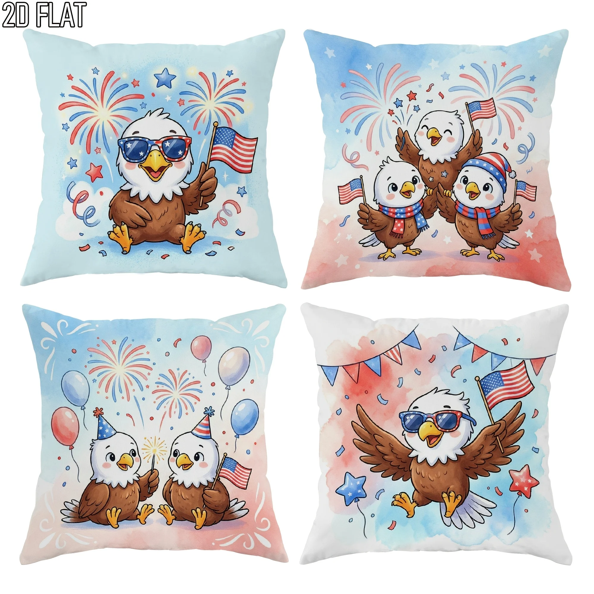 Cute Cartoon Bird American Flag Pillowcase Set 4PCS USA Patriotic Watercolor Home Decor Bedding Cushion Cover Square 45x45cm