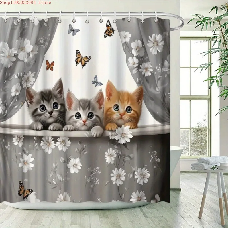1pc adorable cats shower curtain polyester fabric watercolor  -   With Hooks Waterproof Mildew Proof Easy Install Washable