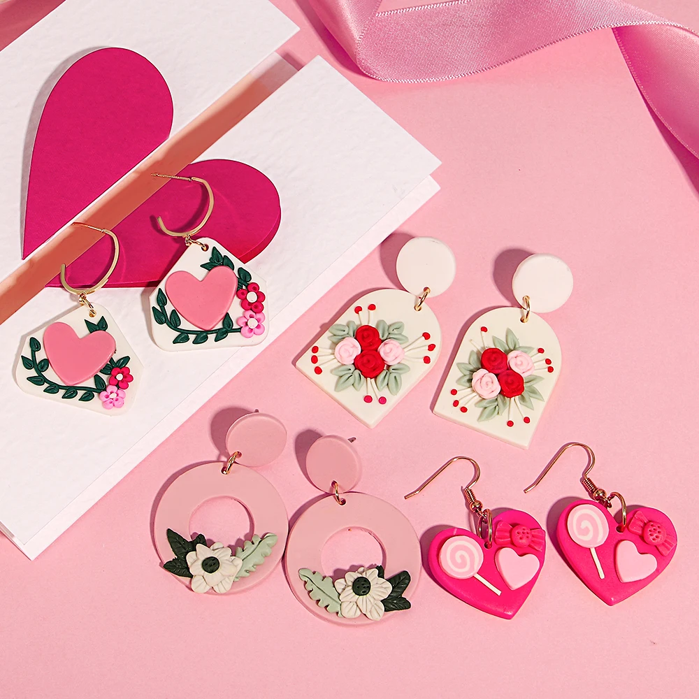 AENSOA Hollow Round Flower Earring For Women Polymer Clay Valentine\'s Day Girls Gift Heart Pattern Ear Accessories Jewelry INS