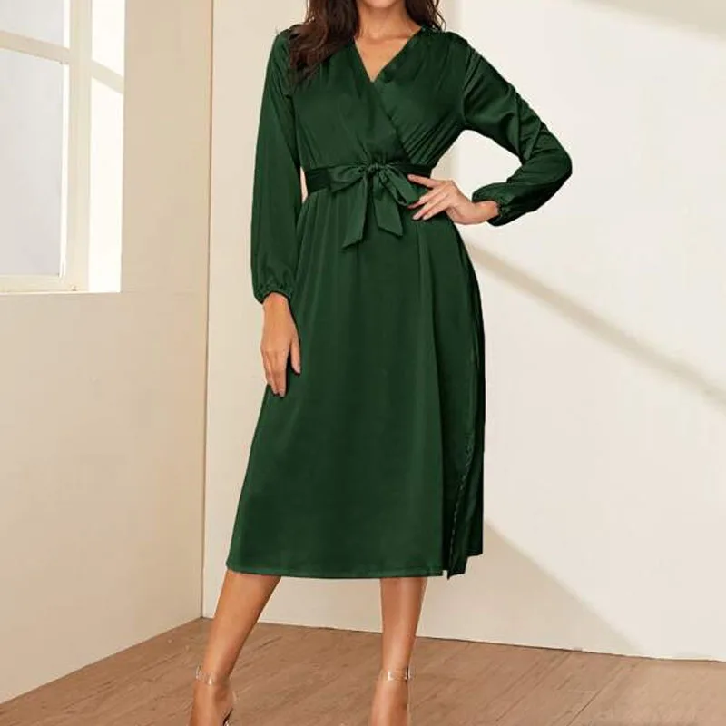 Dark Green Silk Satin Deep V-neck Cross Connection Lace Up Bow Office Lady Mid-calf Dresses Lantern Sleeve Split Fork Women Thin