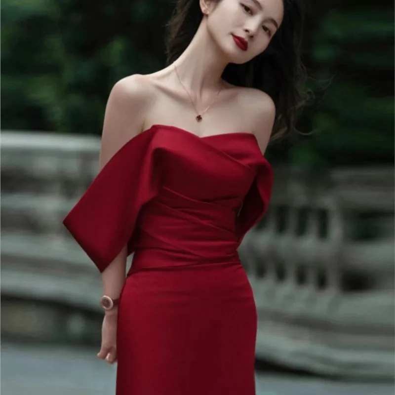 

Toasting the new Burgundy satin shoulder style fishtail dress