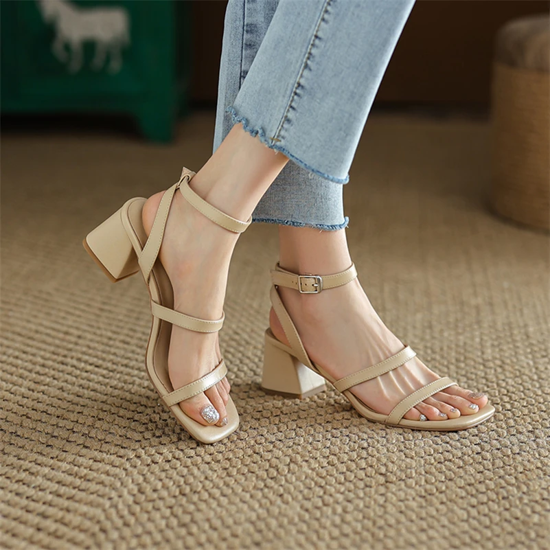 Meotina Shoes Women Genuine Leather Ankle Strap Sandals Thick Heel Sandals High Heels Buckle Ladies Footwear Summer Apricot 40