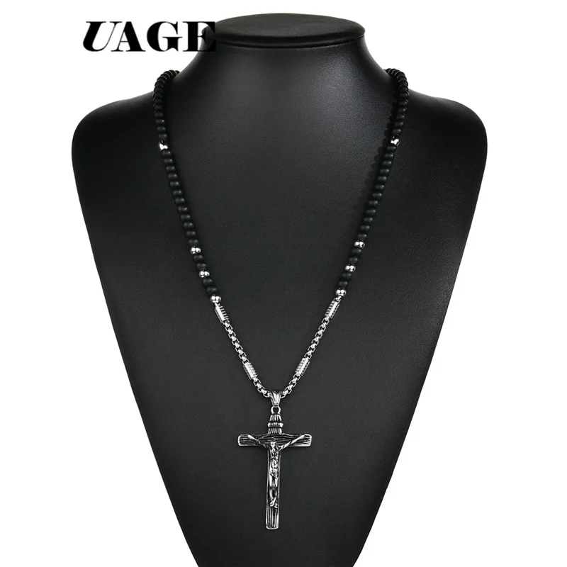 UAGE Rosary necklace Jesus christ cross pendant necklaces Black bead long chain mens women virgin mary christian fashion jewelry