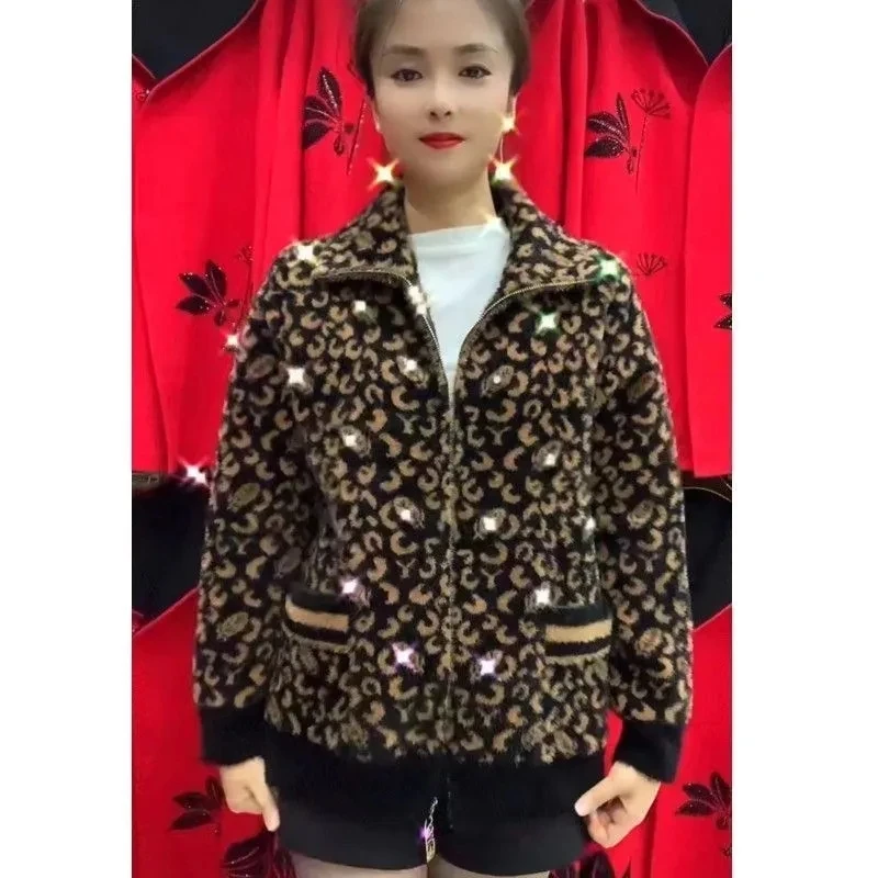 Middle Aged Elderly Women Imitation Mink Velvet Coat High End Fashion Leopard Print Knitted Cardigan Zipper Sweater Jacket 5XL