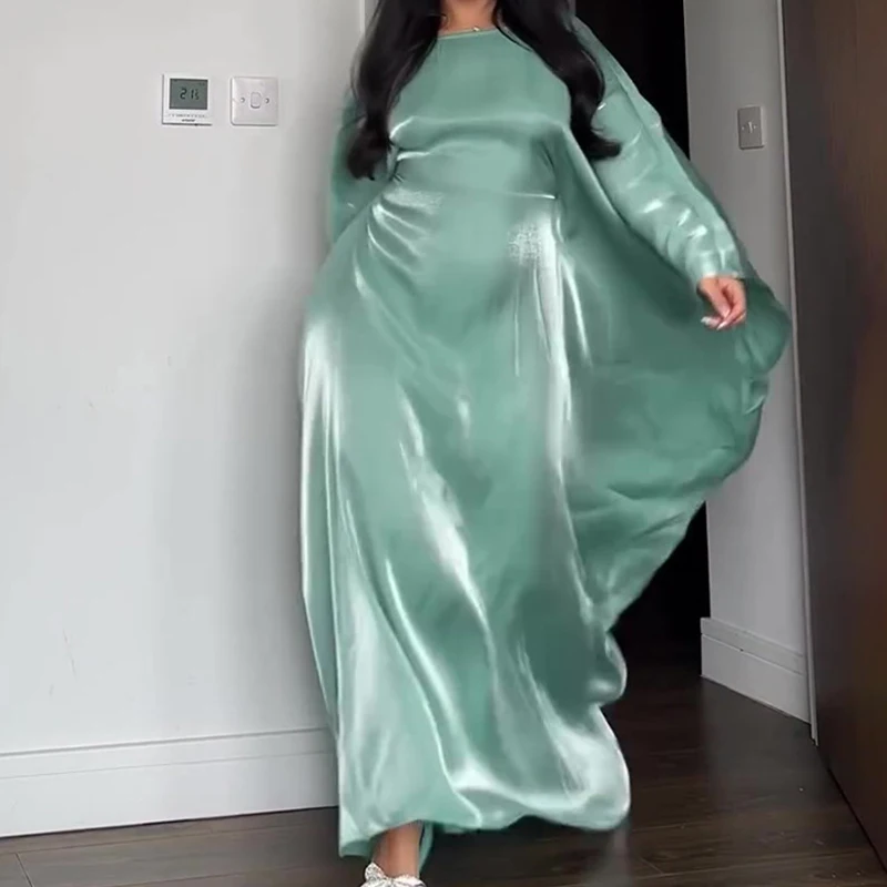 バットウィングスリーブの女性用ロングドレス,単色,ハイウエスト,十分なイブニングドレス,エレガントなラウンドネック,サテンドレス,ファッショナブル